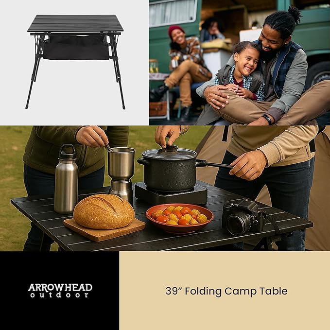 ARROWHEAD OUTDOOR 39 Aluminum Folding Camp Roll Up Table w/Adjustable Height Undertable Mesh Storage Carry Bag