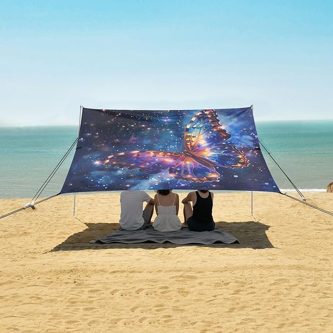 ALAZA Butterfly in Blue Galaxy Beach Tent Sun Shelter UPF50+ Protection Beach Shade Canopy w/ 4 Sandbags for Outdoor Camping Fishing Backyard Fun Picnic 10x9 ft