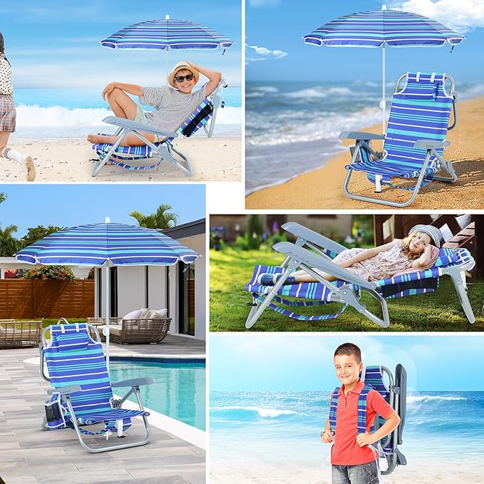 Kids Beach Chair Blue Striped 5-Position Reclining Aluminum Frame Backpack-Foldable Umbrella with Sand Anchor Cup Holder Storage Pocket Perfect for Kids (1-Pack)