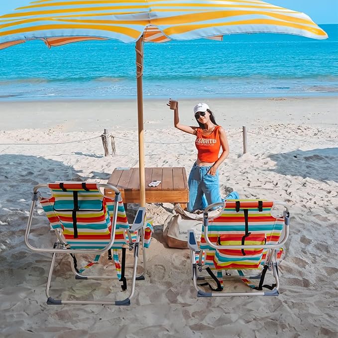Backpack Beach Chair 5-Position Adjustable Backrest Foldable Portable Camping Chairs with Storage Pouch Cup Holder Folding Lounge Chair for Outdoor Travel (Rainbow Stripes)
