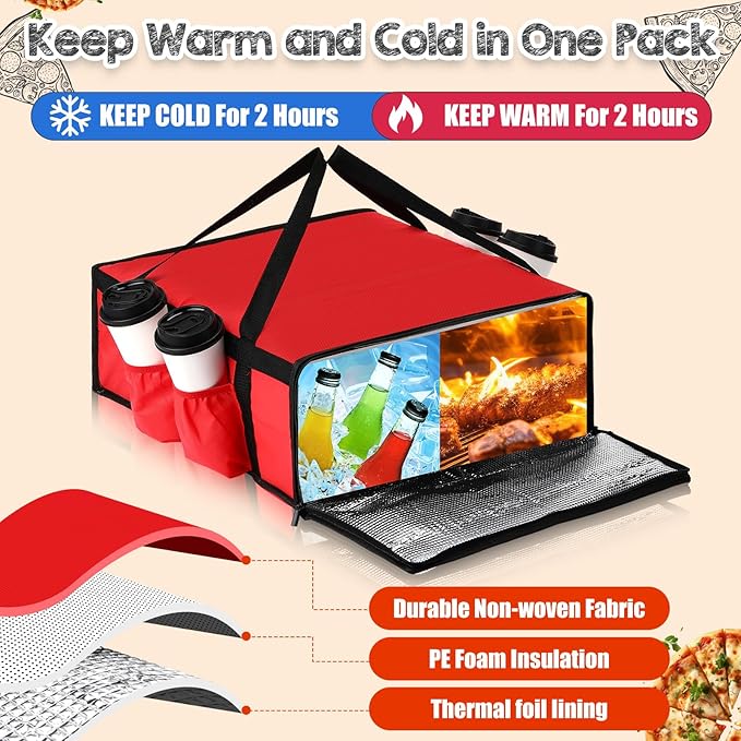 LemonRoad 3 Pcs Pizza Delivery Bag with 4 Cup Holder Insulated Food Grocery Bag 20 x 20 x 8 Pizza Warmer Bags for Carry Hot Catering Delivery Driver Essentials(Red)
