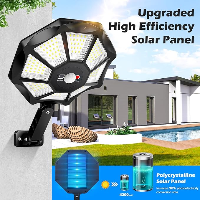 Solar Flood Lights Outdoor 4-Pack Black 30000 Lumen 3E+2 Watts 672 LED Motion Sensor Dusk to Dawn Waterproof Modern Style Ideal for Outdoor Spaces