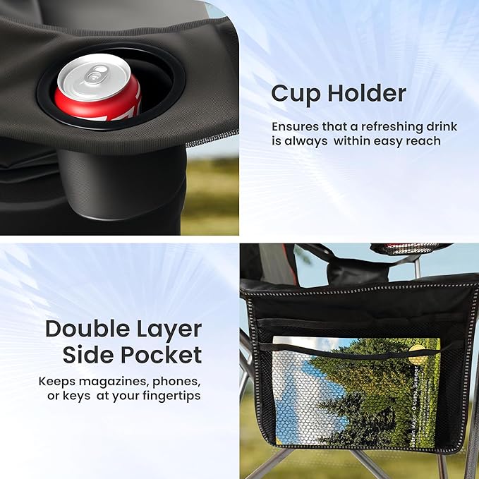 Oversized Camping Chair Heavy Duty- Portable Folding Chair Cup Holder &amp Waterproof Phone Case for Adults Beach Hiking Backyard (Black &amp Light Gray 2 PCS)