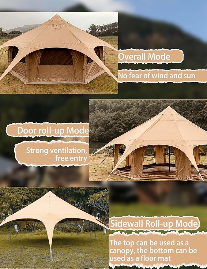 Thcbme 5M Cotton Canvas Bell Tent - Yurts with Stove Jack Windproof Breathable Shade Family Camping Travel Group Activities 4 Season Polyester (6-10People) Khaki 16.4ft (MXT16.4ft-KQ)