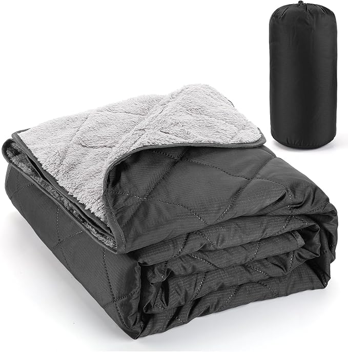 Aulock 55''W x 60''L Warm Outdoor Stadium Blanket Waterproof - Portable &amp Windproof Black Blanket with Sherpa Fleece Lining for Camping Winter Cold Weather