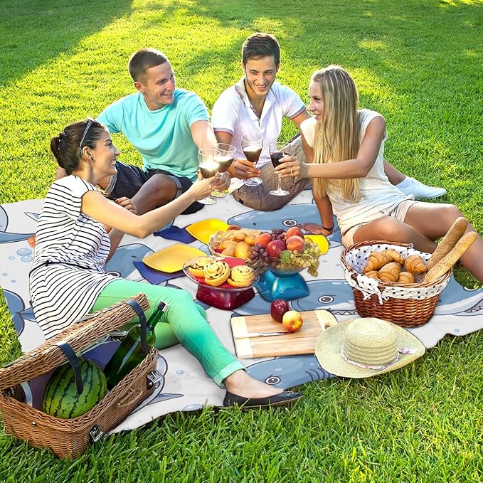 Waterproof Sandproof Beach Blanket 59''×68'' Ocean Sharks Polyester Outdoor Picnic Blanket with 4 Stakes &amp Storage Bag for BeachCampingVacation White Bottom