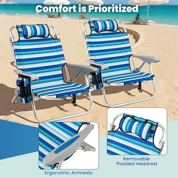 Goplus Beach Chair 330lbs Folding Backpack Chairs for Adults with 4-Position Backrest Storage Pockets Towel Bar &amp Headrest Foldable Low Beach Lounge Portable Aluminum Lay Flat Camping Chair