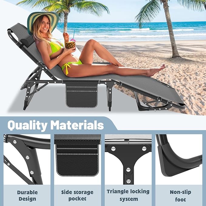 Slsy Sleeping Cots for Adults 5-Position Folding Chaise Lounge Chairs Outdoor Portable Folding Bed Cot Lounge Chair for Beach Lawn Camping Pool Sun Tanning