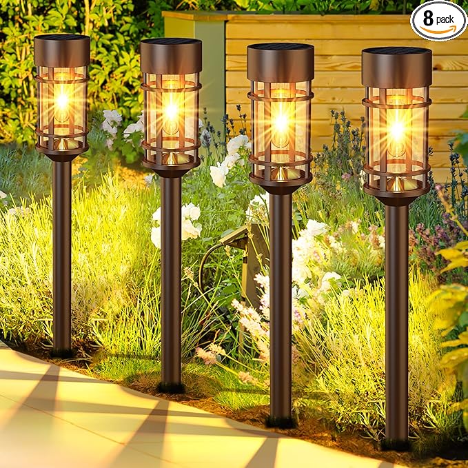 Solar Pathway Lights Outdoor Solar Lights 8 Pack Metal &amp Glass Design - Waterproof Auto On/Off Bright Long-Lasting Garden Landscape Lighting Walkway Driveway