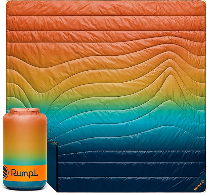 Rumpl Original Puffy Blanket - Warm Puffy Camping Blanket 100% Recycled Polyester Insulation Lightweight Packable Water-Resistant Outdoor Puffer Blanket 84x80 Baja Fade