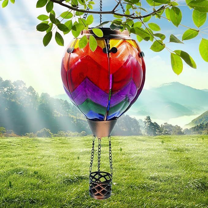 Glass Solar Hot Air Balloon Lantern with Flame Hanging Garden Flickering Light Outdoor Waterproof for Yard Patio Tree Mother's Day Gift Wavy-Colorful