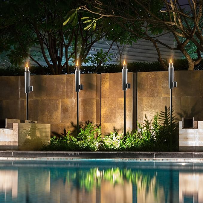 Matney Stainless Steel Outdoor Torches - Decorative Garden &amp Yard Lights - 5 ft Oil Lamp for Citronella - Fiberglass Wick &amp Snuffer Cap - Set of 2 (Barrel)