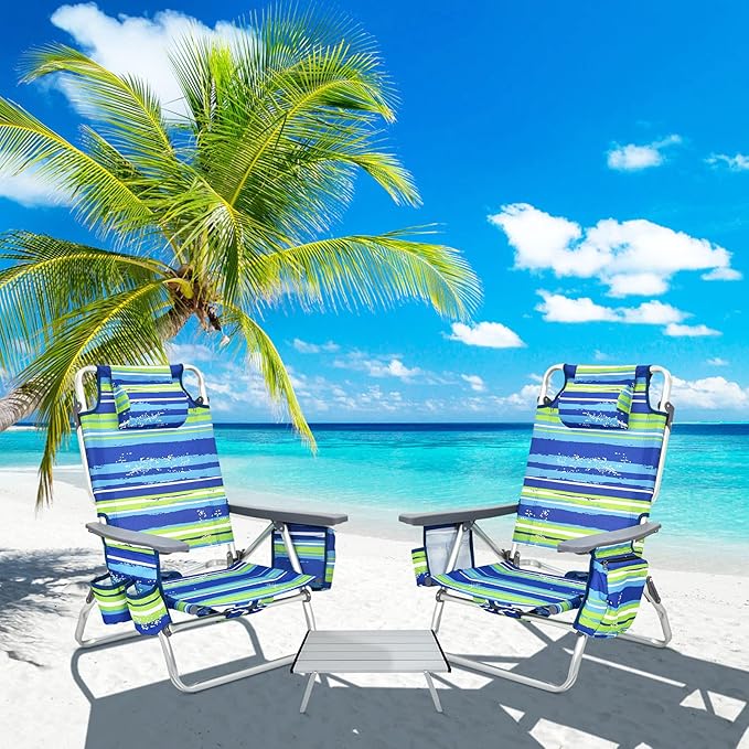 COSTWAY Backpack Beach Chairs Set 3-Piece Portable Camping Chairs with Cup Holder Ice Bag 5-Position Outdoor Reclining Chairs for Adults Travel Sunbathing Support 300 LBSBlue &amp Green
