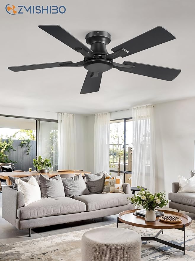 ZMISHIBO 42 Inch Ceiling Fan No Light Flush Mount Low Profile Modern Black Ceiling Fan Without Light Remote Control &amp Quiet DC Motor for Indoor&ampOutdoor Bedroom Living Room