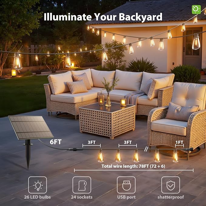 KYY 78FT(72+6) Solar String Lights Outdoor with USB Port Remote Control LED Waterproof Solar Powered Patio with 24 Sockets Heavy-Duty and UL Listed Porch Market Lights