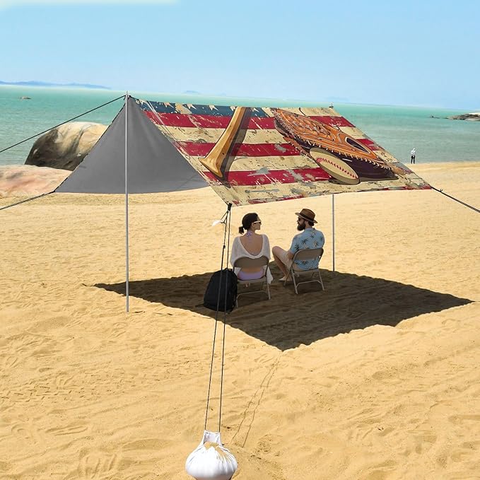 Vintage Baseball Pattern Beach Tent Sun Shelter 9.2' x 10.5' Beach Canopy with 4 Sandbags 4 Stability Poles Sand Shovels - Tent Canopy for Beach Camping Fishing Picnics