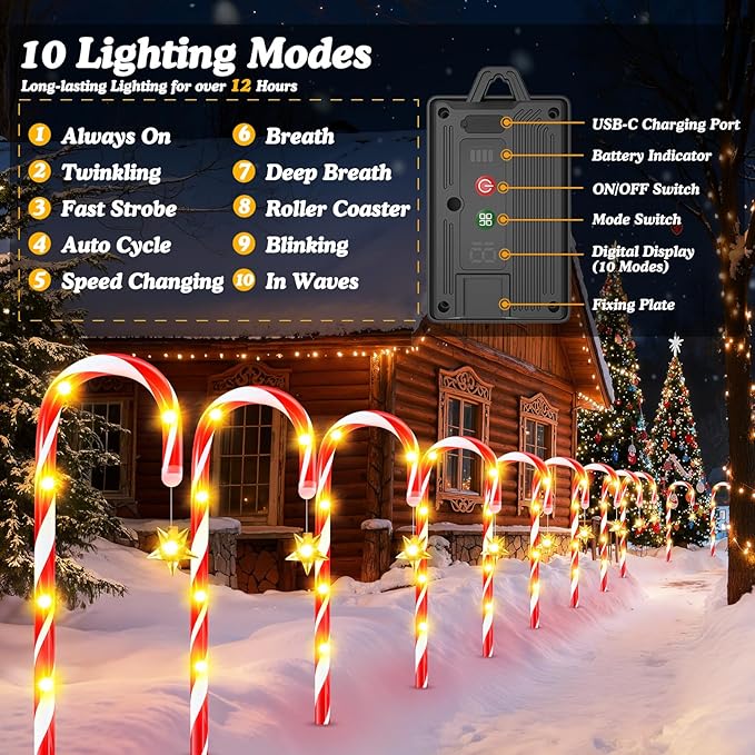 WdtPro 10-Pack Upgraded Solar Christmas Candy Cane Lights Solar Pathway Lights Waterproof Christmas Decorations Outdoor with 10 Modes and Bright 60 LED for Yard Garden Lawn Patio Party Decor