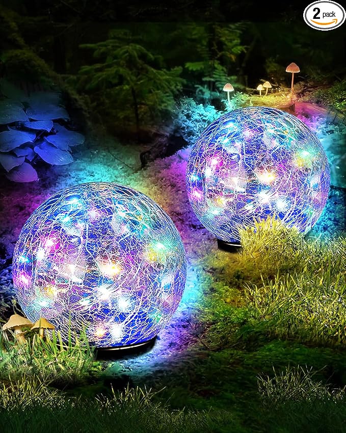 Coroor Garden Solar Ball Lights Outdoor Waterproof 50 LED Cracked Glass Globe Solar Power Ground Lights for Path Yard Patio Lawn Outdoor Decoration Landscape Colorful(2 Pack 4.7'')