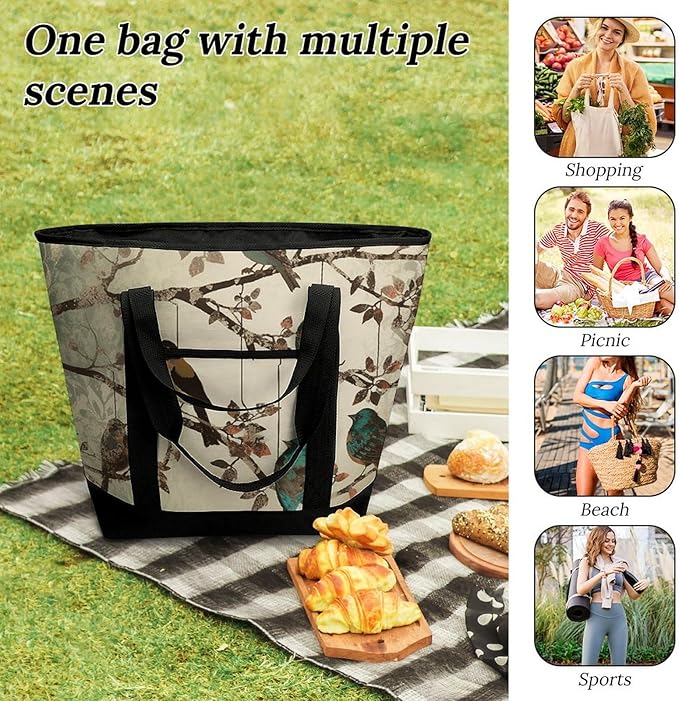 Insulated Shopping BagLarge Reusable Cooler Bags Birds on Branches Printed Foldable Shopping BagTravel Waterproof Shoulder Bag