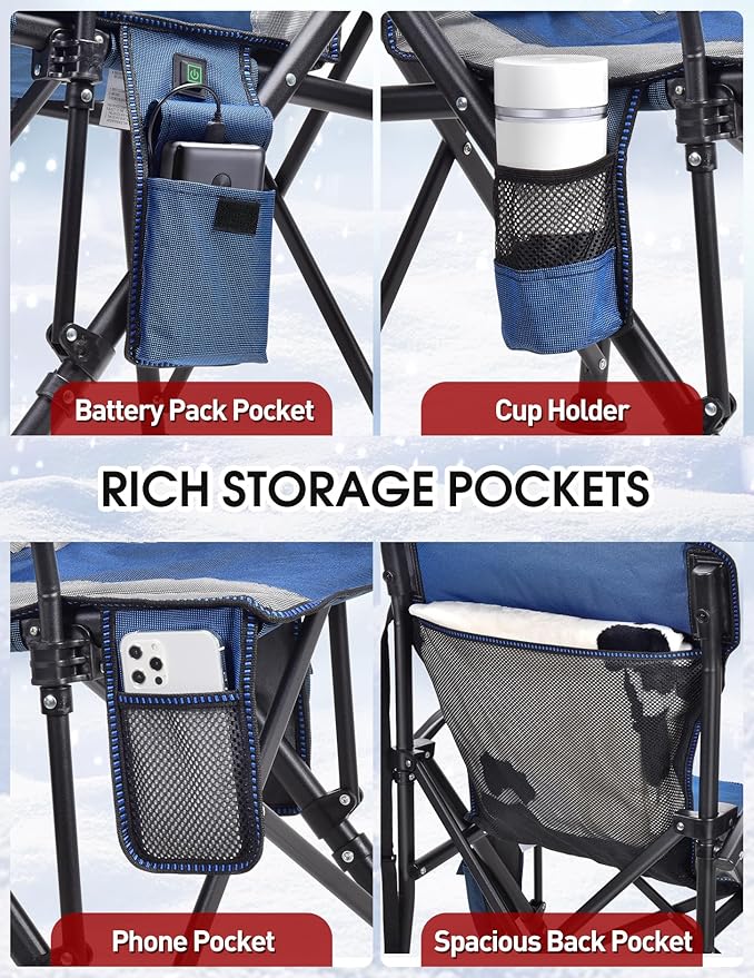 Heated Camping Chair for Adults Heats Back and Seat 3 Heat Levels Fully Padded Heated Folding Chair for Outdoor Sports with Cup Holder Rich Pockets Battery NOT Included