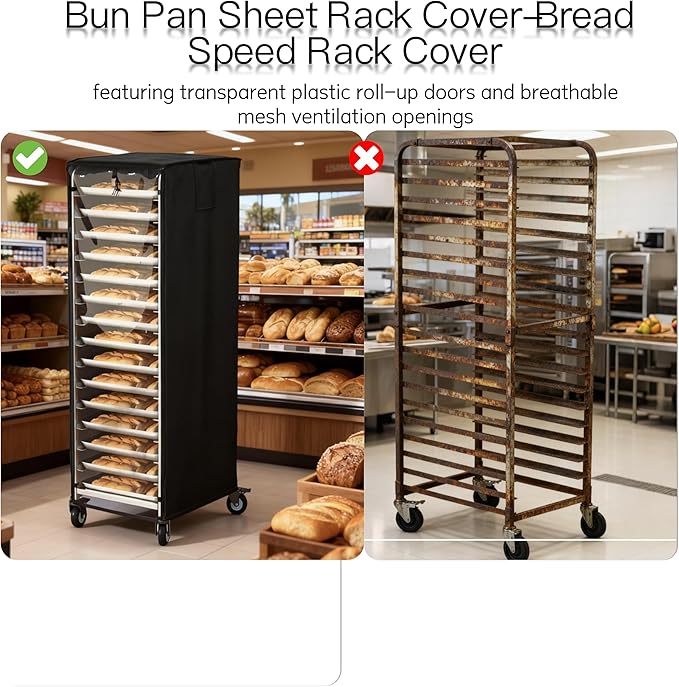 Quick-Release Cover with Zipper Commercial Bread Rack Cover 20-Tier Baking Pan Rack Cover Ventilated Bread Pan Rack Cover 23“ x 28” x 64 Kitchen Bread Rack Cover Waterproof (Black)