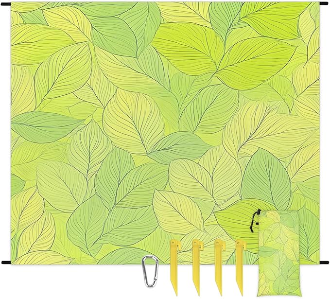 Waterproof Sandproof Beach Blanket 59''×68'' Curry Leaf Polyester Outdoor Picnic Blanket with 4 Stakes &amp Storage Bag for BeachCampingVacation Green