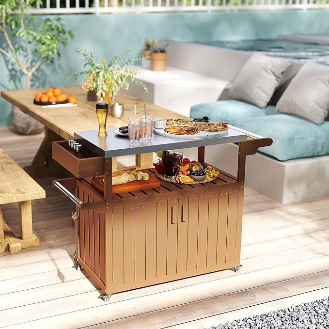Outdoor Bar Cart with Stainless Steel Top 45.7x18.9x35in HDPE Structure 66lb Load Capacity Storage Cabinet Open Shelf Brown