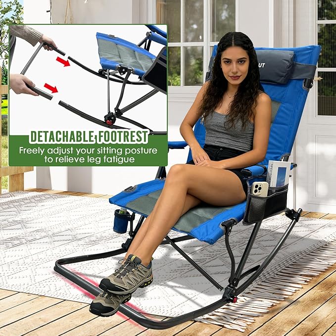 13.8 High Seat Rocking Camping Chair Outdoor with Foot Rest &amp Headrest Oversized Folding Rocker Chair with Carry Bag for Lawn Patio Supports 300 lbs