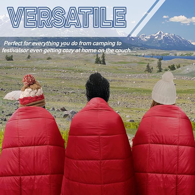 Outdoor Puffy Camping Blanket Lightweight Down Alternative Puffy Printed Camping Large Ultra Warm Hammock Top Quilt Waterproof Blanket for Traveling Picnic Beach Party Cold Weather (Red)