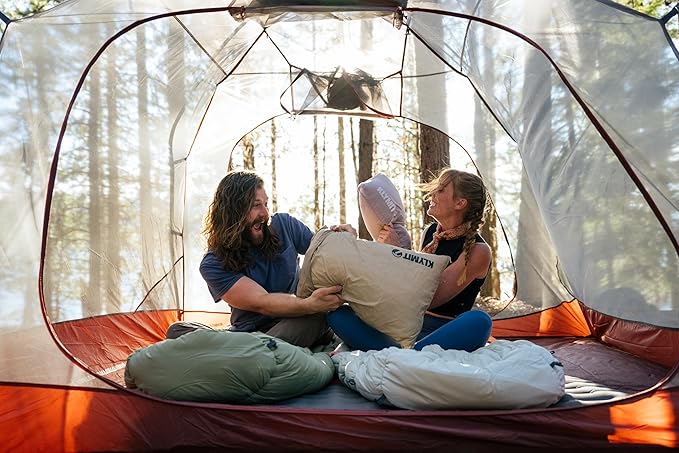 KLYMIT Drift Camping Pillow | Lightweight Travel Head Rest for Sleep Filled with Shredded Memory Foam Reversible Outer Cover for Extended Use Regular Size — Tan