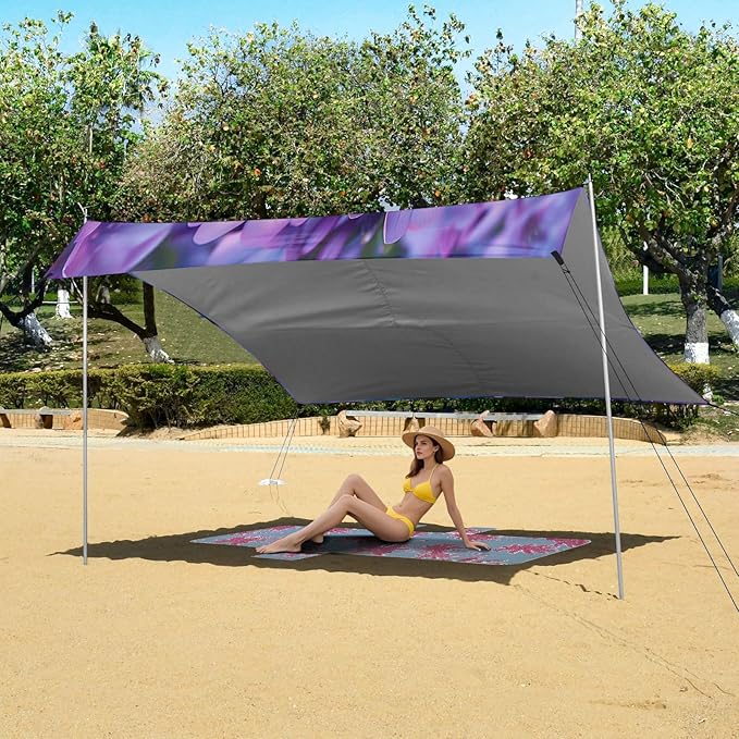 Purple Flowers Beach Tent Sun Shelter 9.2' x 10.5' Beach Canopy with 4 Sandbags 4 Stability Poles Sand Shovels - Tent Canopy for Beach Camping Fishing Picnics