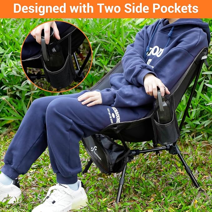 Sportneer Lawn Chairs: 3 Heights Adjustable Camping Chairs for Adults with 2 Side Pockets - Compact &amp Portable Folding Chairs for Outside Backpacking Hiking Picnic and Travel (1 Black)