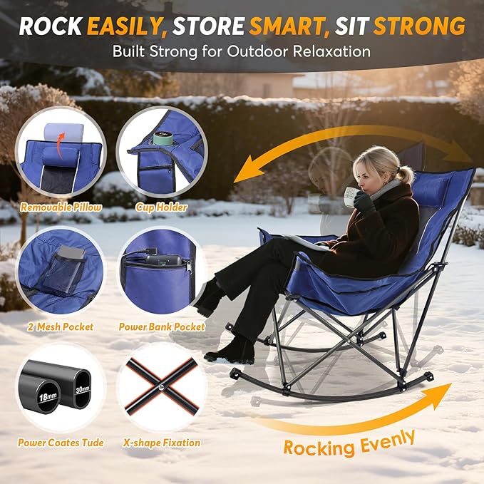 Suteck Heated Rocking Camping Chair Oversized Heated Camping Chair W/20000mAh Power Bank &amp Carry Bag Fully Padded Heated Chairs for Outdoor Sports W/3 Heat Levels for Back &amp Seat Lawn Picni
