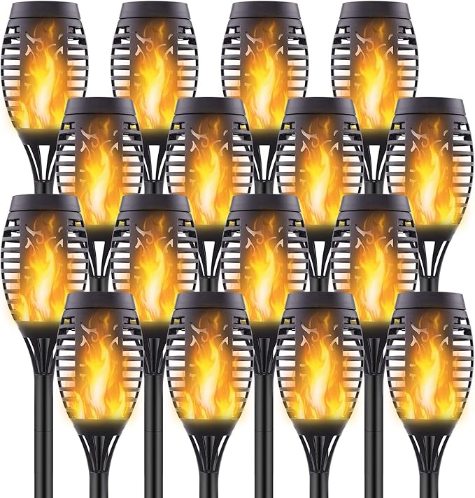 16 Pack Upgraded Solar Lights Outdoor Mini Solar Torch Lights with Flickering Flames Waterproof Landscape Decoration Dancing Flame Lights for Garden Pathway Yard Auto On/Off Dusk to Dawn