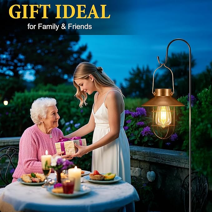 pearlstar 2 Pack Solar Lights Outdoor Hanging Solar Lanterns with Edison Bulb and 2 x 32 Inch Shepherd Hooks Waterproof Landscape Lighting for Garden Patio Yard Pathway Driveway Lawn (Copper)