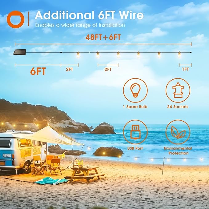 addlon 54FT Solar String Lights Outdoor Waterproof with USB Charging &amp Remote Control - Dimmable Solar Power Patio Lights with 26 LED Bulbs for Porch Garden Yard Market Bistro - Lasts 20+ Hrs