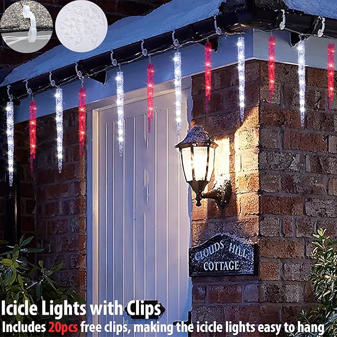 Red and White Icicle Christmas Lights - Outdoor &amp Indoor Hanging with 20 Large Tubes 29FT 8 Modes with Timer Connectable Meteor Shower Lights for Candy Cane Theme Decoration