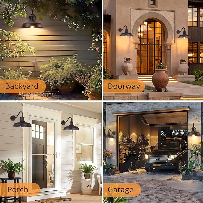 13.8'' Large Dusk to Dawn Outdoor Gooseneck Barn Light 2-Pack Outdoor Wall Sconce Farmhouse Exterior Light Wall Lighting Fixture Industrial Lantern for Porch Entryway Garage Brown