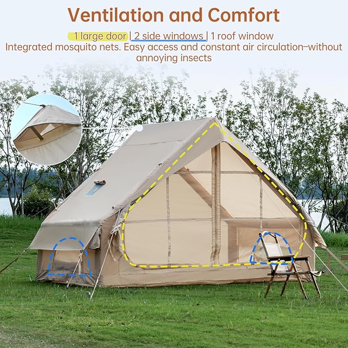 Inflatable Camping Tent with Hand Pump Waterproof Outdoor Blow up Tent 2-8 Person Oxford 4 Season Glamping Air Tent Cabin House with Mesh Windows &amp Door
