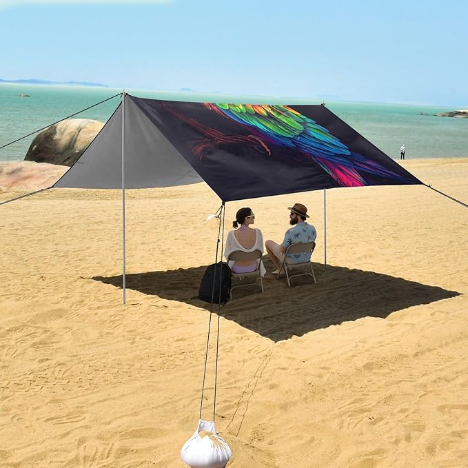 ALAZA Parrot Portrait Rainbow Color Beach Tent Sun Shelter UPF50+ Protection Beach Shade Canopy w/ 4 Sandbags for Outdoor Camping Fishing Backyard Fun Picnic 10x9 ft