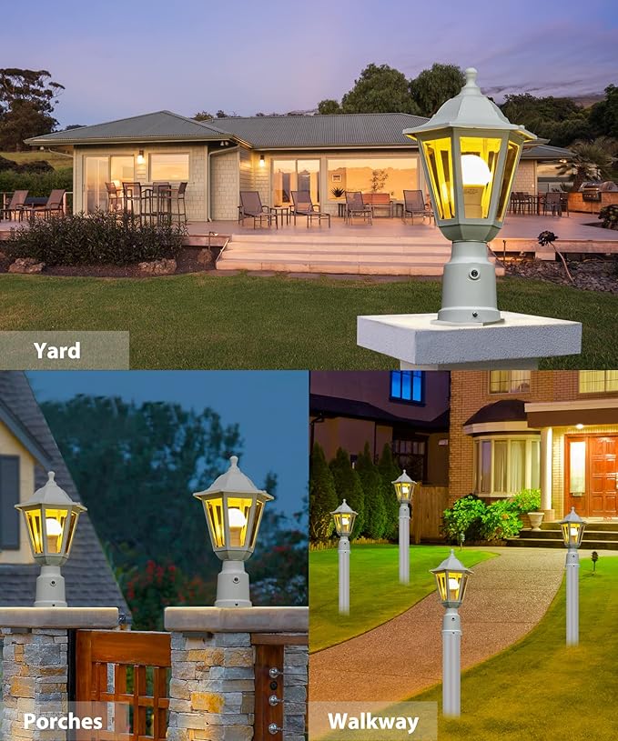 FUDESY Dusk to Dawn Outdoor Post Light White Modern Exterior Post Lantern with Pier Mount Base Plastic Waterproof Lamp Light Fixture for Garden Yard Patio Pathway LED Bulb Included