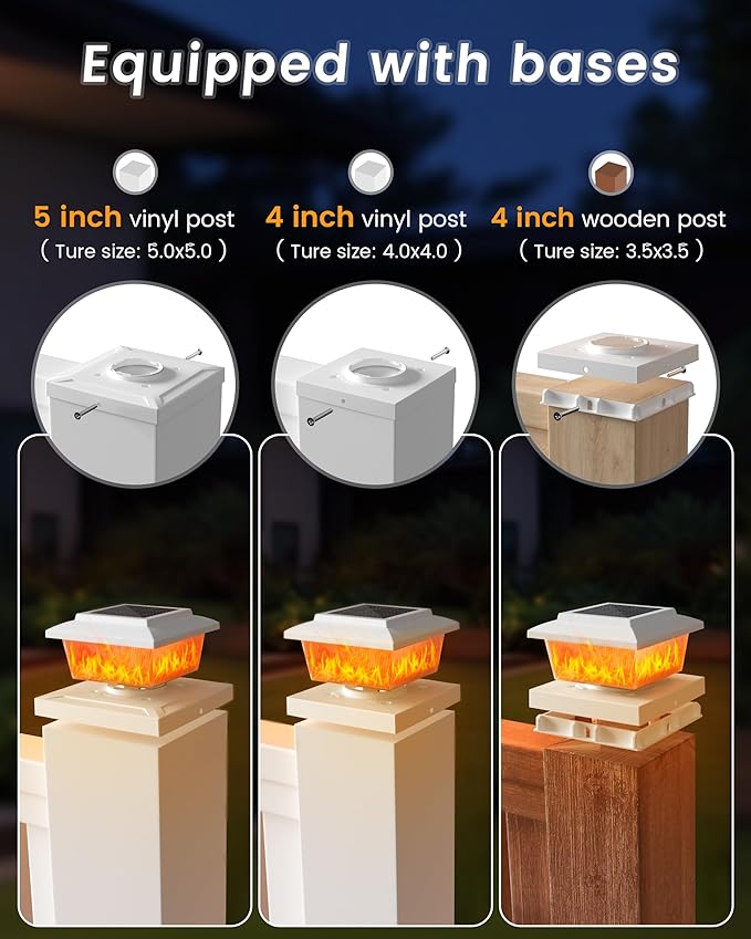 VOLISUN Solar Fence Post Lights 12pack White Solar Deck Post Cap Flame Light Outdoor Waterproof High Brightness Flickering Flame SMD LED Lighting for 4x4 Wooden/4x4 5x5 Vinyl Post