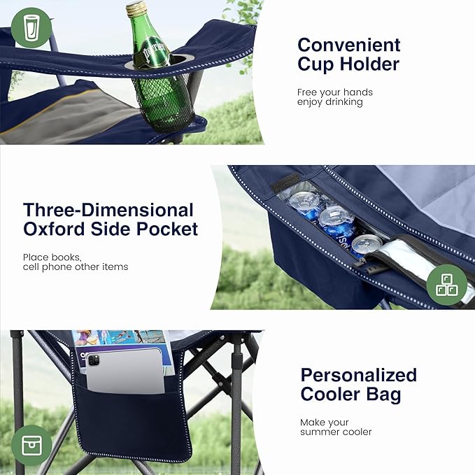 HIGH POINT SPORTS Oversized Portable Folding Camping Chair Blue 450 LBS Support Sports Lawn Chair with Cup Holder and Cooler Bag