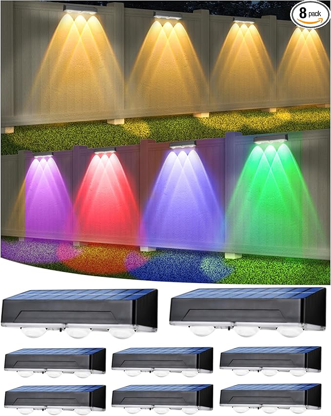 INDARUN Solar Fence Lights Outdoor Waterproof 8 Pack Fence Lights Solar Powered with 12 Modes RGB Color Changing &amp Warm White &amp Cool White Outdoor Solar Lights for Yard Patio Porch Backyar