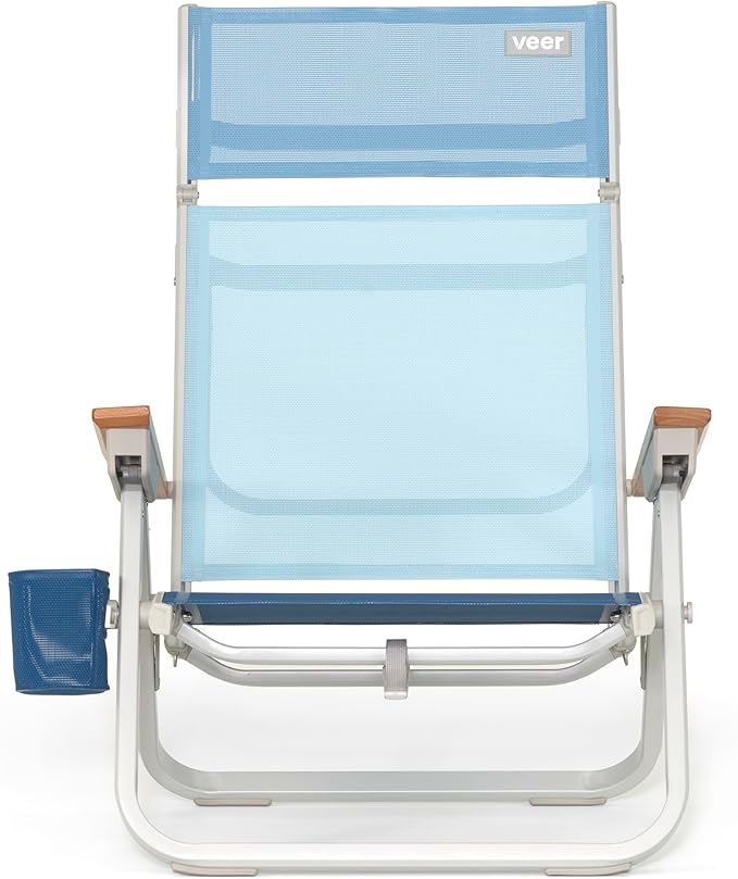 Veer Beach Chair - Durable Rust Resistant Beach Recliner (Reclines Fully Flat) with Breathable Fabric Towel Rack Flip Up Headrest and Backpack Straps