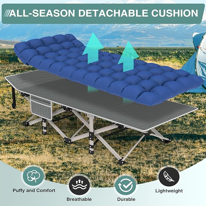 Seeutek Folding Camping Cot for Adults with Carry Bag Portable Bed with Detachable Cushion Waterproof 1200D Oxford Fabric Cot Bed for Camping Hunting Lounging Camping Cots Gray Cot &amp Blue P