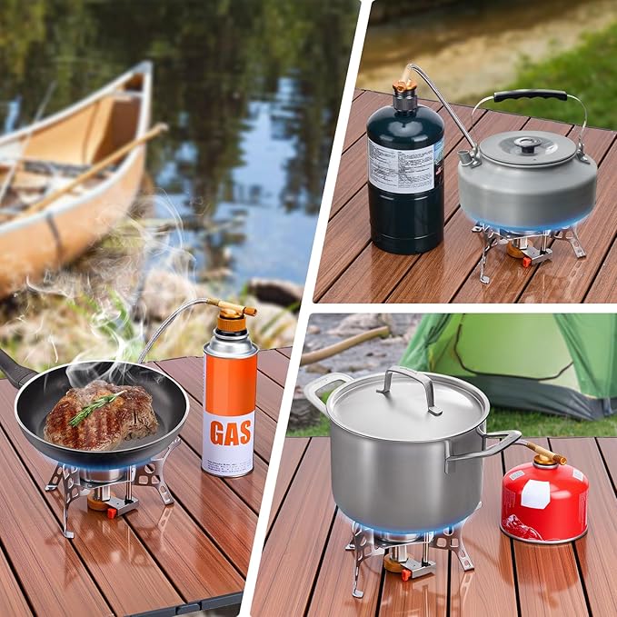 WADEO 3900W Windproof Camping Stove Camping Gas Stove with Piezo Ignition Backpacking Stove Portable Camping Stove with Two Fuel Canister Adapter for Outdoor Backpacking Hiking and Picnic