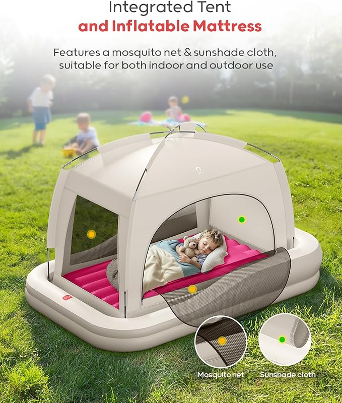 QPAU Inflatable Toddler Travel Bed with Tent Portable Kids Air Mattress with Safety Sides Ideal for Home Grandma's Camping Traveling -Includes Fast Electric Pump