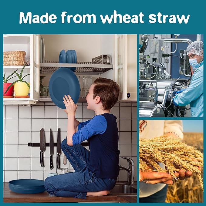 Teivio 32-Piece Kitchen Plastic Wheat Straw Dinnerware Set Service for 8 Dinner Plates Dessert Plate Cereal Bowls Cups Unbreakable Colorful Plastic Outdoor Camping Dishes Autumn Blue