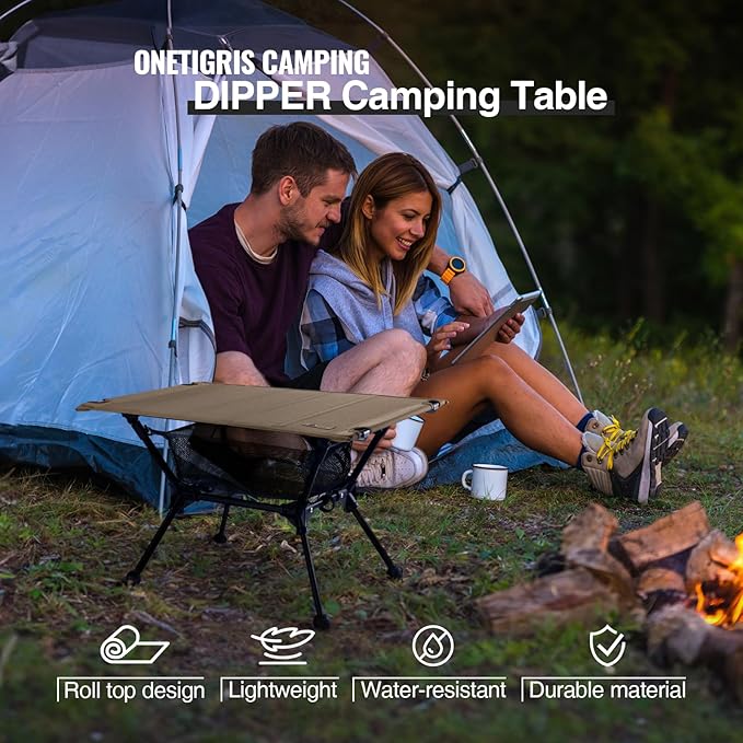 ONETIGRIS Dipper Camping Table Lightweight Portable Folding Table with Mesh Storage Net High/Low Options Ideal for Camping Hiking Tailgating Beach Picnic Travel Backyard